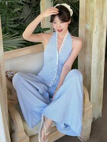 DAZY Women's Korean Style Vacation Tie-Up Shirt And Loose Pants 2 Pieces Set, Spring/Summer - Blue - View 10