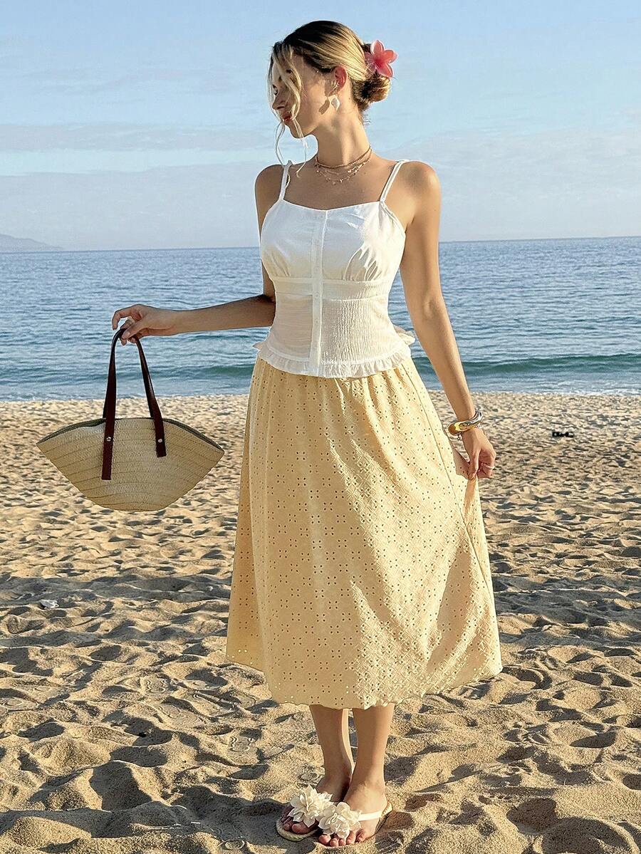 MainGRL 女士松紧腰镂空刺绣休闲裙 - 淡黃色 - 查看 1