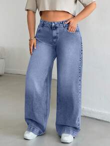 EURMUSE WOMEN HIGH WAISTWIDELEG CUTLINE PLUS SIZE JEAN - Baby Blue - View 2