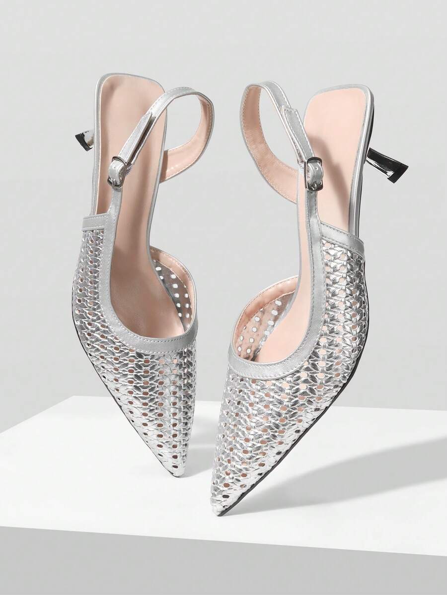 Mnmlis Women's Fashion Hollow Breathable Pointed Heel High Heel Single Shoes - Silver - View 1