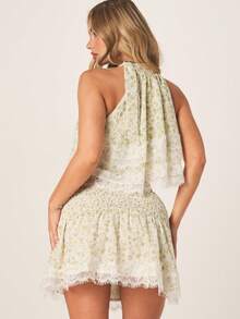 MISSGUIDED Halterneck Floral Lace Trim Two Piece Coord Set Mini Skirt Crop Top Smocked Waist Summer Boho Chiffon Festival Outfit - Multicolor - View 3