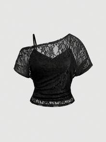 SHEIN MOD 加大码黑色蕾丝不对称领口衬衫 - 黑色 - 查看 6