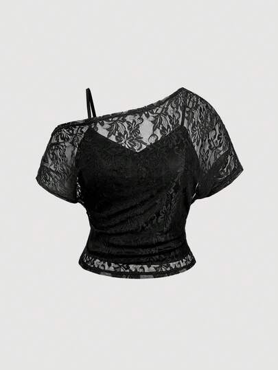 SHEIN MOD Blusa negra de encaje asimétrica de talla grande