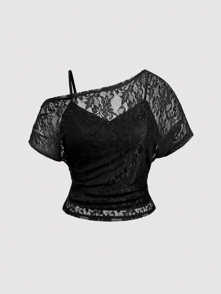 SHEIN MOD 加大码黑色蕾丝不对称领口衬衫