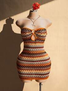 SHEIN ICON Plus Size Bohemian Textured Fabric Cutout Bust Bodycon Mini Dress Body Fitting Dress Women One Piece Dress - Multicolor - View 3