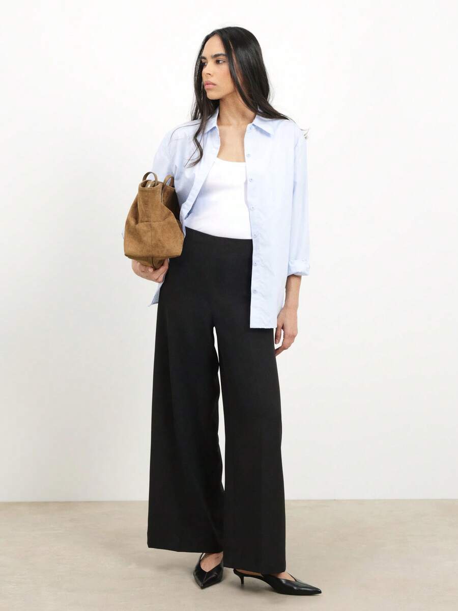 KSTM Quần ống rộng cạp cao màu đen dành cho nữ, kiểu dáng thoải mái, thích hợp cho công sở, mùa thu đông. - màu đen - Xem 1