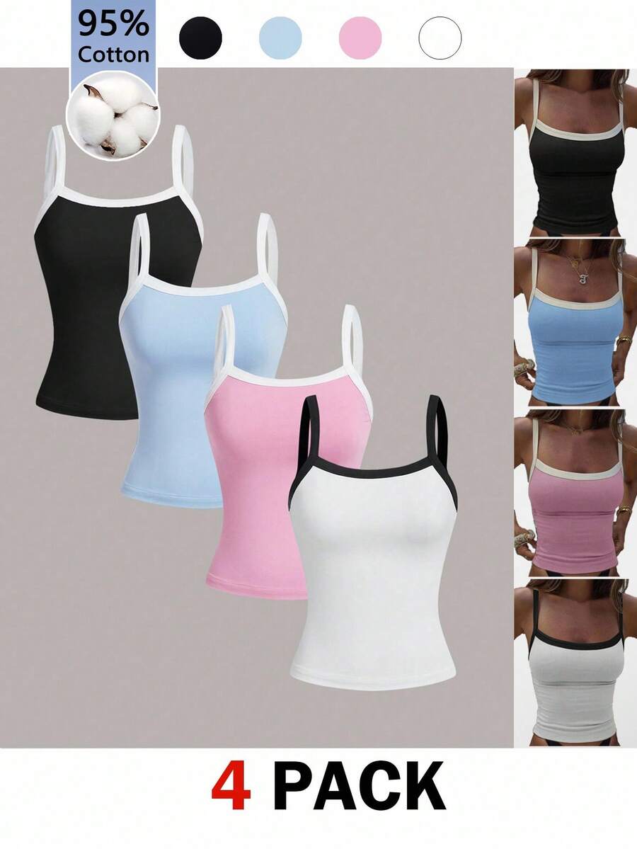 SHEIN Essnce 4 件装女士夏季运动训练撞色休闲吊带针织背心网球上衣，95% 棉，黑色、白色、粉色、蓝色 - 彩色 - 查看 1