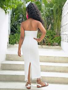 Tween Girls' Textured Halter Neck Snug Fit Dress, Casual, Fashionable, Versatile, Suitable For Party, Outing, Sister Photo Shoot, Park, Camping, Vacation, Daily Leisure - White - View 2