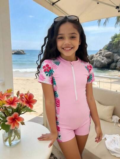 SHEIN Tween Girl One-Piece Shorts Swimsuit, Round Neck Design With Front Zipper For Easy Wear, Main Body In Pink, Sleeves And Sides Featuring Floral And Leaf Pattern Fabric In Pink And Purple, Suitable For Vacation, Swimming, Beach, Surfing Girls Bathing Suits With Rash Guard Teen Girl Rash Guard Set Girls Bathing Suite Tween With Sleeve Teen Girls One Piece Swimsuit Short Sleeve