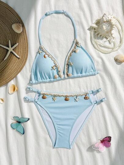SHEIN 少女贝壳装饰挂脖比基尼套装，精致优雅，充满度假风情