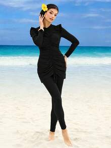 Swim Mulvari Women's Black Ruffled Drawstring Long Sleeve & Long Pants 2-Piece Burkini Swimwear, Suitable For Spring/Summer Beach & Swimming - Black - View 6