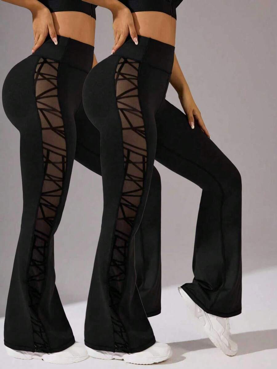 SHEIN Velisys FY3021 Black Mesh Patchwork Flare Leg Sports Pants Set - Black - View 1