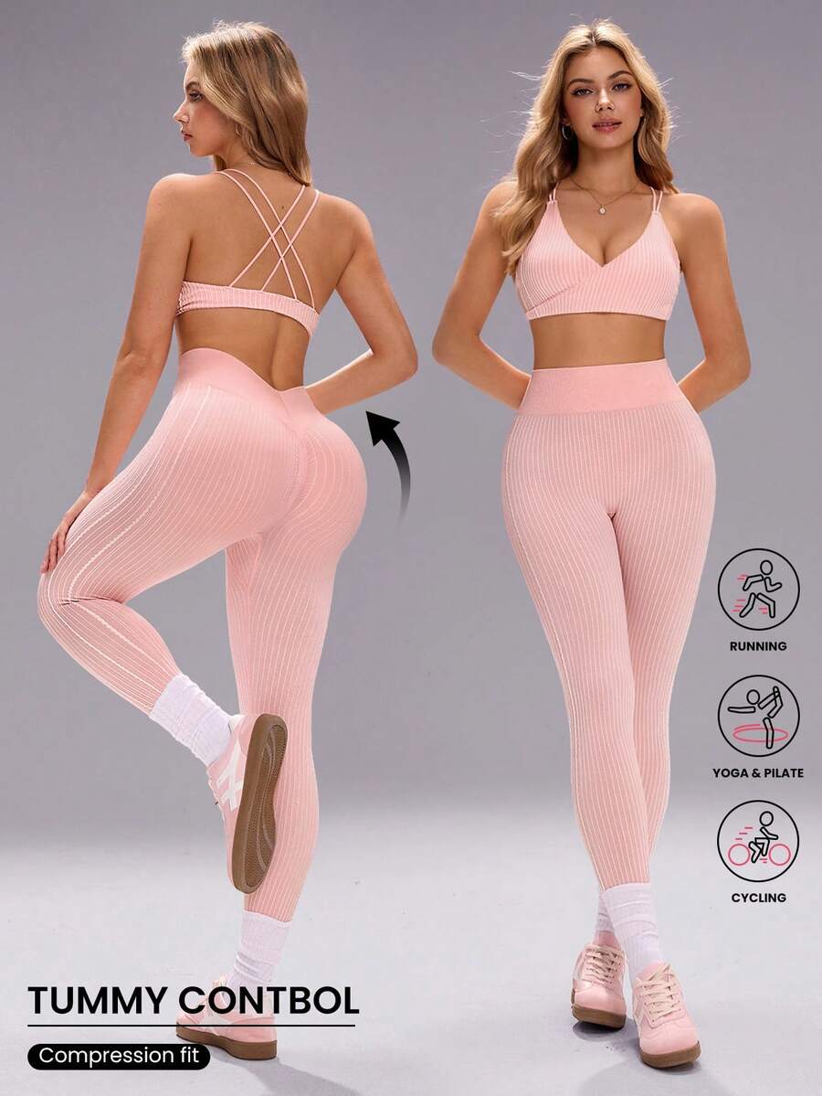 Sovereign Charm Pink Minimalist Spaghetti Strap V-Neck Seamless Activewear Set, Suitable For Gym Wear - Pink - View 1