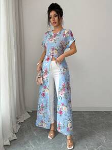 Breezaya Áo dài tay ngắn cổ tròn in hoa xẻ tà dành cho nữ, thích hợp cho kỳ nghỉ. - Màu xanh nhạt - Xem 6