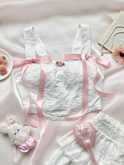 Comfortcana Top corto de verano con escote cruzado y bordado, decorado con lazo