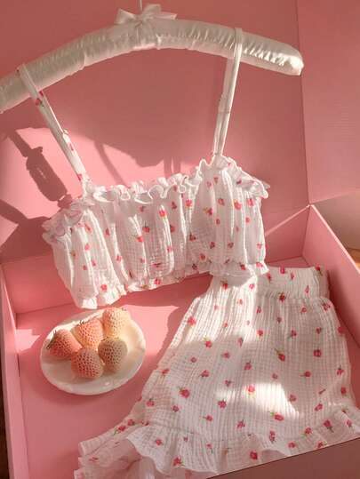 Comfortcana 两件套女士碎花荷叶边吊带背心和短裤套装