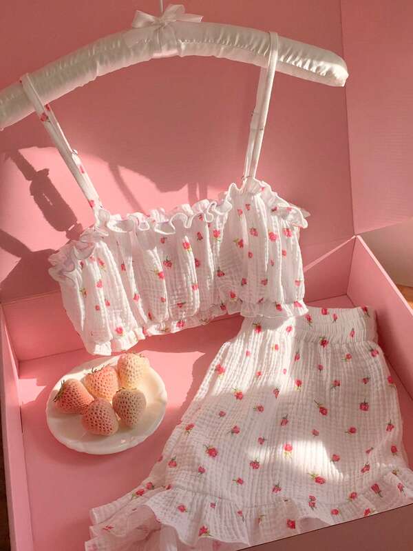 Comfortcana 2 piezas Conjunto de top con volantes y shorts con estampado floral para mujer