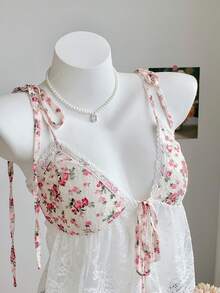 Comfortcana 女士优雅碎花撞色蕾丝吊带衫，夏季 - 彩色 - 查看 6