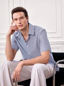 Men's Vintage Coin Texture Striped Short Sleeve Shirt, Casual Versatile Style Suitable For All Seasons - Navy Blue - View 7