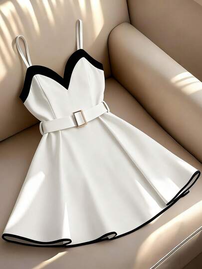 Franclia Color Block V-Neck Adjustable Waist Belt Decor Camisole Dress