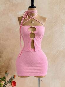 Cévolie 女士露背镂空吊带上衣和迷你裙套装，适合沙滩派对、夏季度假、休闲度假等各种场合。两件套服装，包括Zoey款式的派对礼服、夜店热辣连衣裙、生日派对装、俱乐部夏季服装等。 - 黃色 - 查看 7