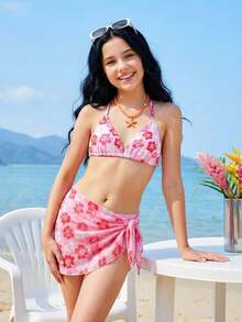 Sparklyn 3件套少女舒适弹力彩色印花吊带背心、短裤和围裙，时尚可爱比基尼泳装套装，夏季3件套比基尼带纱笼裙，粉色3件套泳装套装，少女系腰修身泳衣沙滩装，两件套 - 彩色 - 查看 10