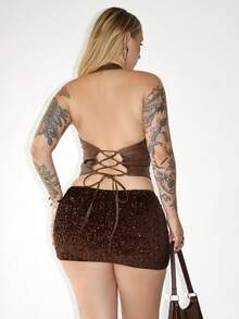 Arliah 女式性感时尚街头度假西部风格 PU 皮革露背系带前拉链吊带上衣，夏季 - 巧克力棕 - 查看 2