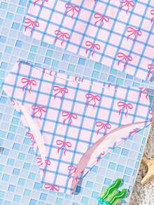 冰淇淋蓝粉色，少女粉色蝴蝶结，蓝色格子印花少女休闲简约吊带泳衣套装，适合夏季海滩、泳池、海边度假 - 彩色 - 查看 6