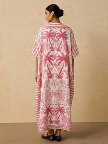 Travachic Đầm cỡ lớn in họa tiết nhiệt đới tay cánh dơi, kiểu dáng thường ngày, thích hợp cho kỳ nghỉ. - Đỏ và trắng - Xem 2