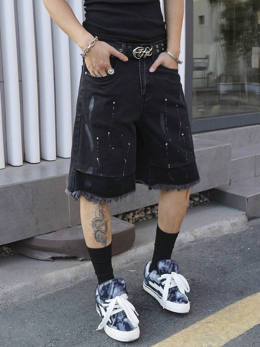 Manfinity EMRG Men's Summer Black Fringe Hem Distressed Loose Denim Shorts - Black - View 1