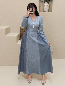 Yasmyna New Design V-Neck Tassel Tie-Waist Splicing High-End Party & Holiday Dress - Blue - View 2