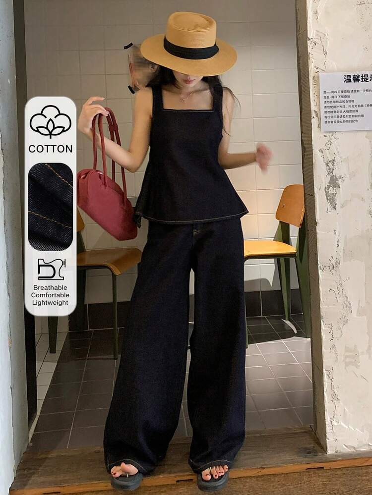 Women's Casual Sleeveless Shirt And Loose Fit Jeans Set, Retro Style