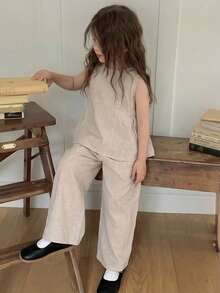 DAZY Girls (Small) Korean Style Summer Sleeveless Blouse Top And Wide Leg Casual Pants Set - Apricot - View 4