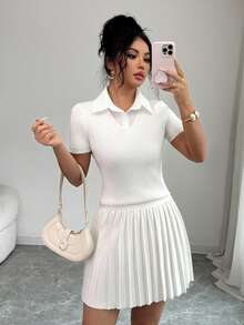 SHEIN Elenzya 2pcs/Set Women's Fashionable Preppy Korean Style 2 In 1 Sweater Top And Pleated Mini Skirt, Slimming, Spring/Summer - White - View 4