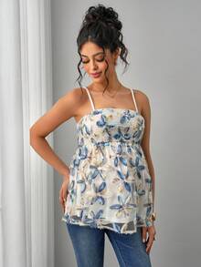 SHEIN Women's Summer Vacation Floral Ruffle Lace Maternity Camisole Top - Multicolor - View 3