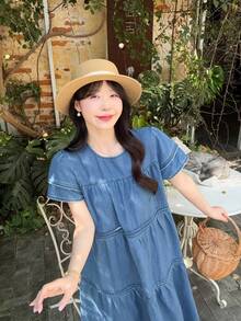 DAZY 女士圆领荷叶边清新韩风度假风牛仔连衣裙长裙 - 藍色 - 查看 7