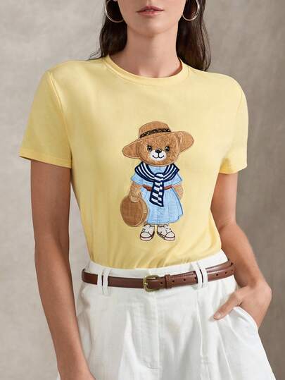 Briarwyn Women's Cartoon Bear Embroidery Casual Round Neck Short Sleeve T-Shirt, Summer
