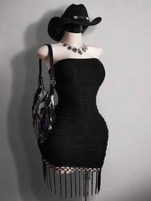 SHEIN ICON Plus Size Women's Y2K Western Music Festival Dress, Asymmetrical Hem Fringed Bandeau Dress Body Fitting Dress Bodycon Dresses For Ladies - Black - View 6