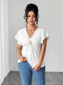 Elenzga Plus Size White Summer Elegant Formal Women's Blouses,European Style V-Neck Button Decorated Pleated Short Ruffle Sleeve Slim Fit Peplum Party Tops - White - View 4