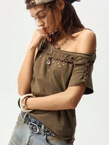 Bohemela Áo thun dệt kim màu trơn dáng thường ngày dành cho nữ - màu nâu - Xem 9