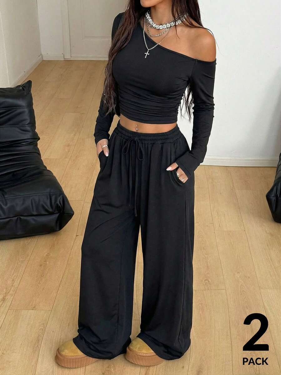 Coolane Women's Daily Wear Essentials Knit Stretchy Comfy Asymmetrical Neck Long Sleeve Tops And Wide Leg Sweatpants Tracksuit Two Pieces Outfits 2 Pc Women Outfits Casual 2 Piece Set Pants Set Two Piece 2 Piece Outfit Woman 2 Piece Outfits - Black - View 1