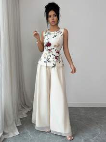 Elenzga Women's Sleeveless Elegant Casual Commute Outdoor Vest & Shiny Pants Two Pieces Set, Summer Outfit - Apricot - View 4