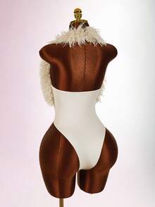 Body de cuello halter sexy y esponjoso de color vino tinto para fiesta - Albaricoque - Ver 7