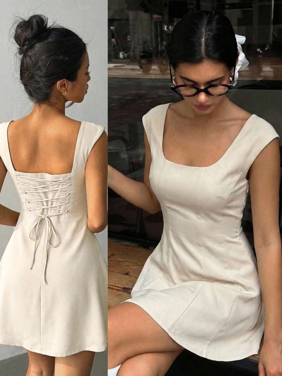 Aloruh 优雅性感露背A字迷你连衣裙，短袖设计，深V领，露背系带，女士夏季服装，夏季沙滩装，女士沙滩度假装，波西米亚热带度假装，婚礼宾客礼服，新娘送礼会礼服，白色优雅别致早午餐连衣裙，女士度假装，女士沙滩裙，女士夏季连衣裙