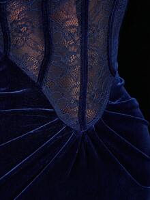 Amplova Gaun Mini Korset Renda Kontras Beludru Biru Tua Wanita, Gaun Malam Elegan dengan Tali Bahu Tipis dan Hiasan Ruffle, Pakaian Pesta Techno Rave Musim Gugur untuk Pernikahan - Navy Blue - View 5