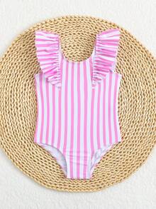 SHEIN 女婴条纹印花连体泳衣，荷叶边装饰，休闲修身款，度假必备可爱单品 - 彩色 - 查看 4