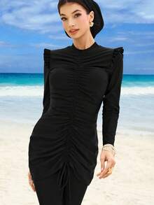 Swim Mulvari Women's Black Ruffled Drawstring Long Sleeve & Long Pants 2-Piece Burkini Swimwear, Suitable For Spring/Summer Beach & Swimming - Black - View 4