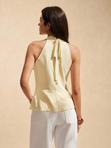 Easelle Áo tank top nữ màu vàng lưới, cổ yếm, không tay, xếp nếp, khoét lỗ - Màu vàng ngỗng - Xem 2