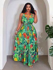 Slaydiva 春夏新款度假性感沙滩音乐节篝火派对酒店度假村邮轮旅行日光浴约会派对缤纷多彩度假无袖交叉吊带系腰A字长裙，印花图案，梭织面料，大码女士裹身连衣裙，花卉长裙裹身裙热带印花女士裹身裙女装 - 彩色 - 查看 2