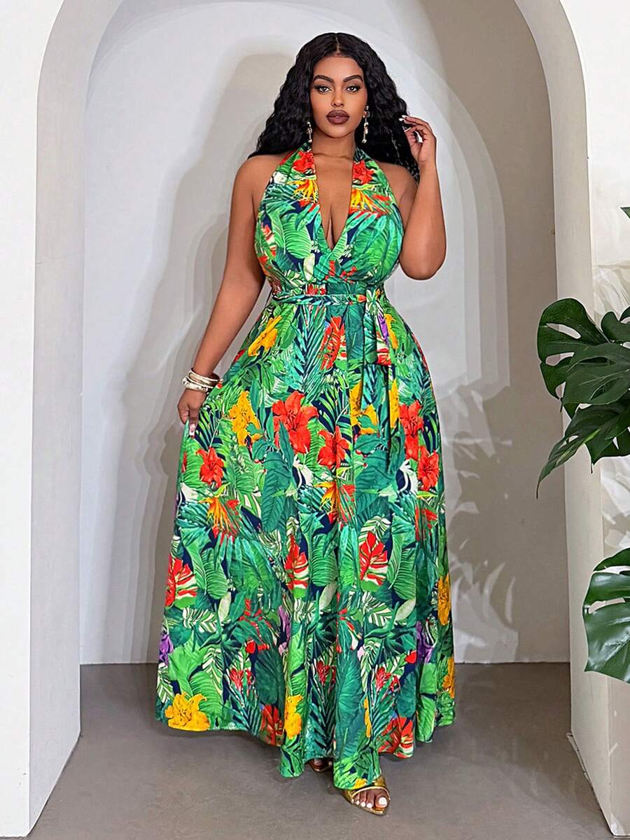 Slaydiva 春夏新款度假性感沙滩音乐节篝火派对酒店度假村邮轮旅行日光浴约会派对缤纷多彩度假无袖交叉吊带系腰A字长裙，印花图案，梭织面料，大码女士裹身连衣裙，花卉长裙裹身裙热带印花女士裹身裙女装